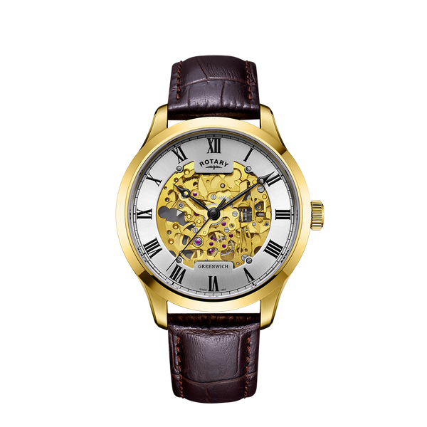 Rotary stainless steel hot sale skeleton watch